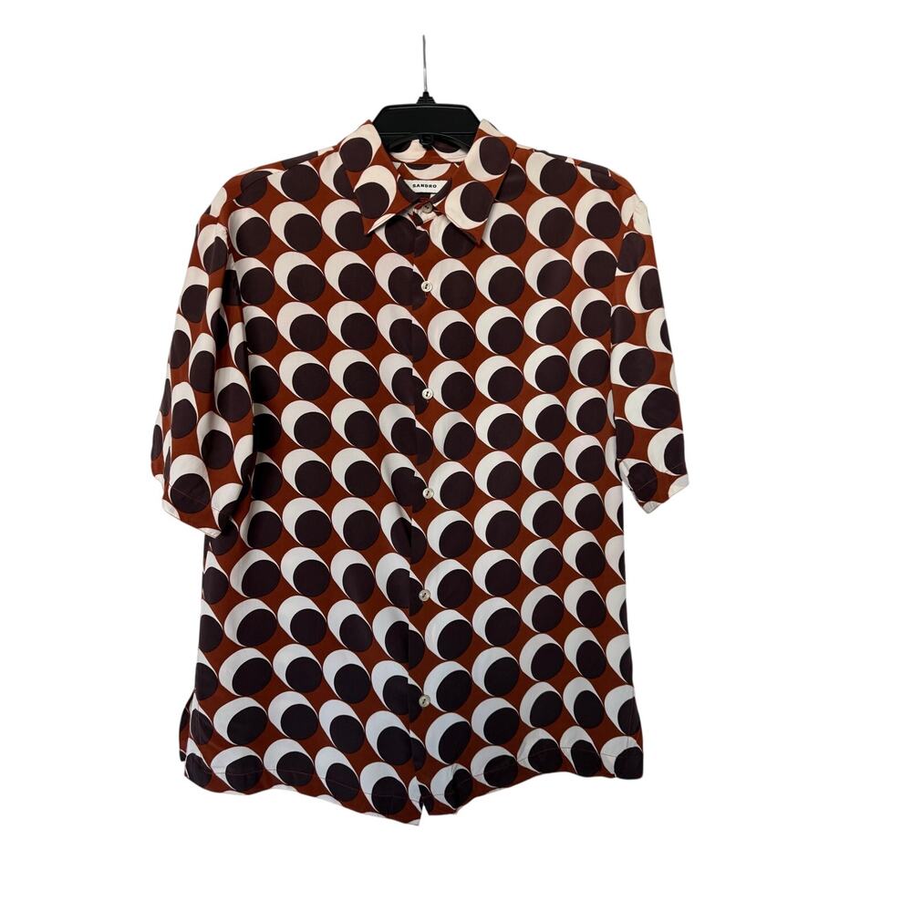Sandro Large Brown Rust Geometric Dot Viscose Short Sleeve Button Down Shirt
